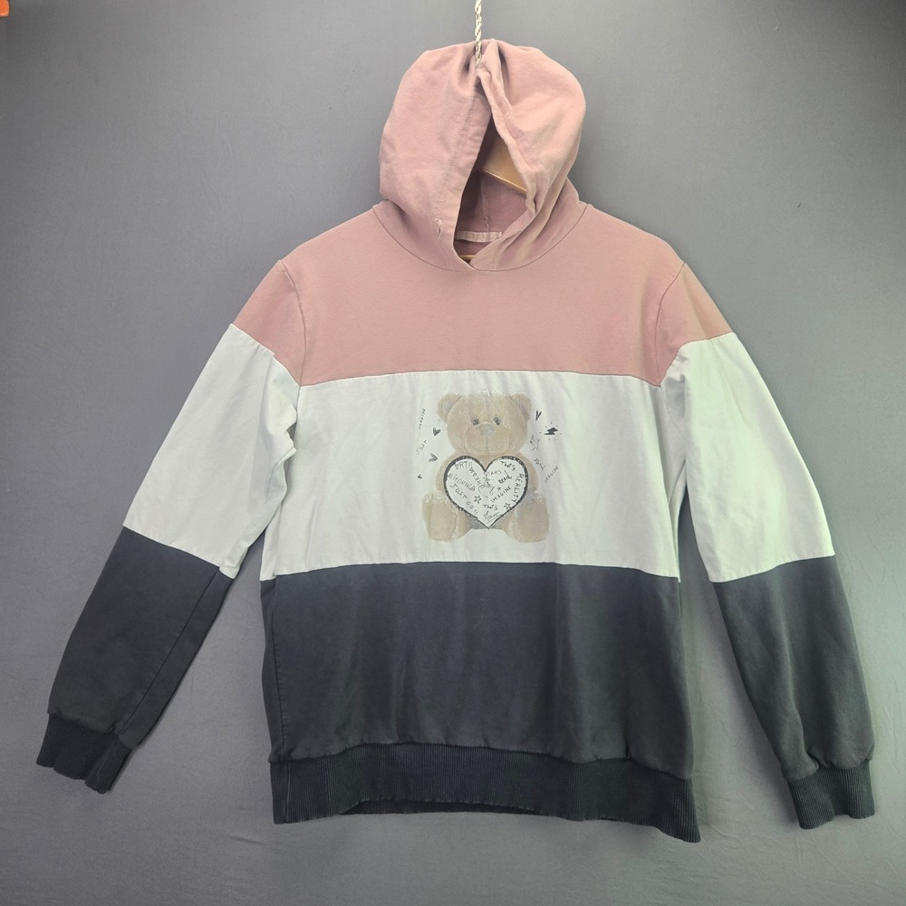 My Jewels Hoodie Teddy Bear Graphic Colorblock Pink White Grey Sweatshirt L